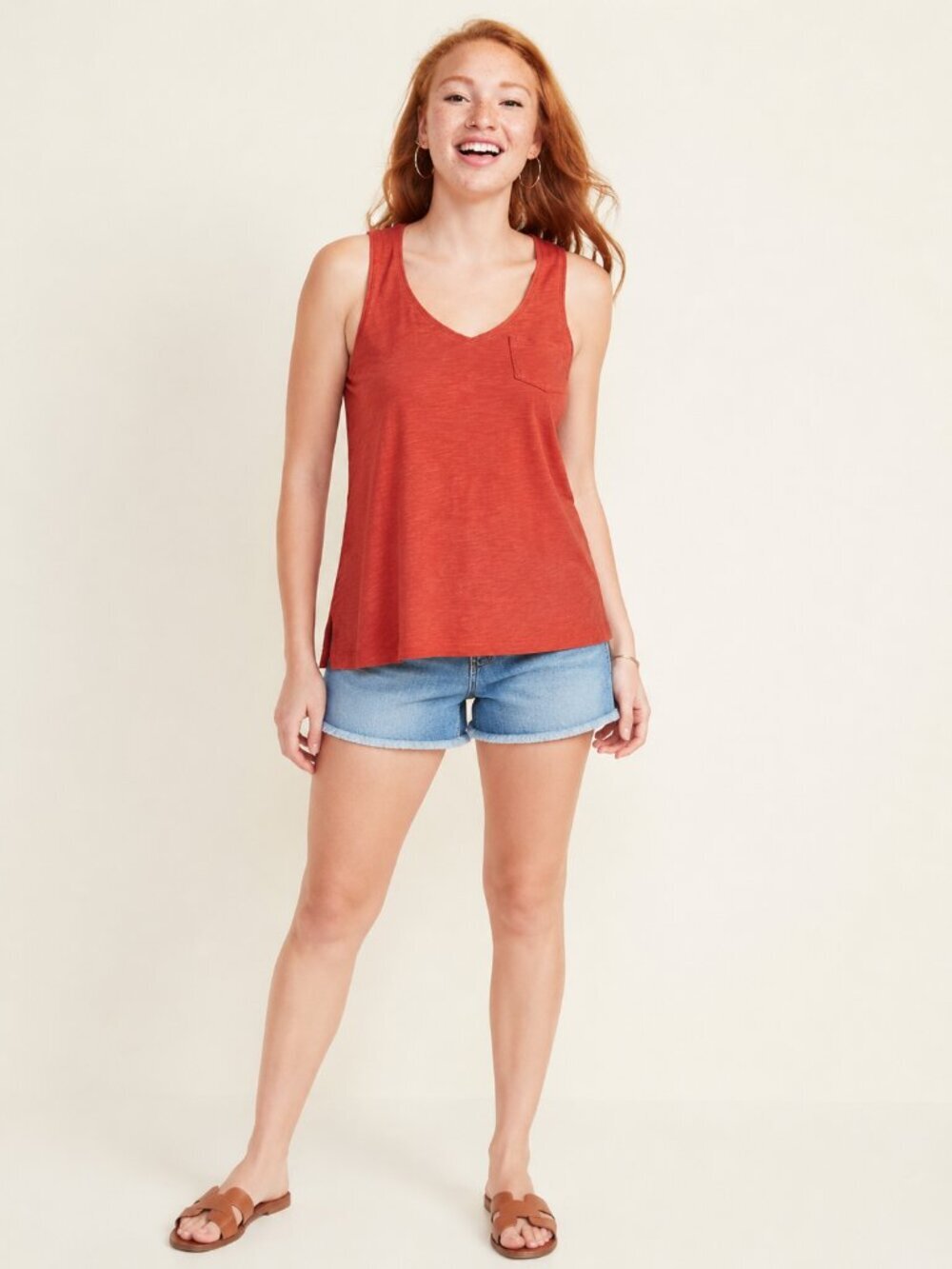 2/$30 Old Navy Everywear Slub V-Neck Tank Top w Chest Pocket Orange XS #A2810